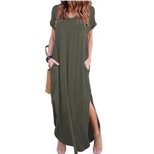 olive t-shirt dress open leg with pockets